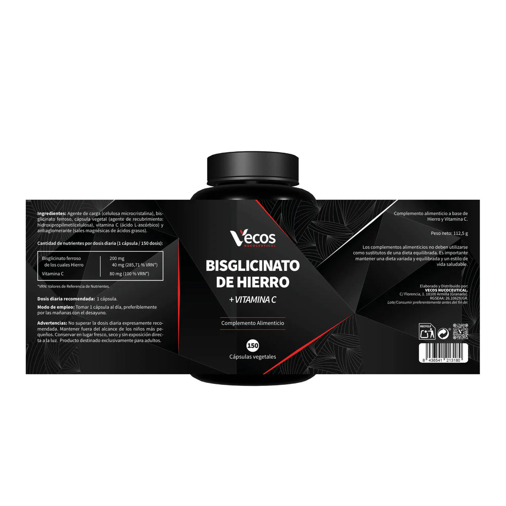 Bisglicinato de Hierro + Vitamina C | 40 mg de Hierro (150 Cápsulas)