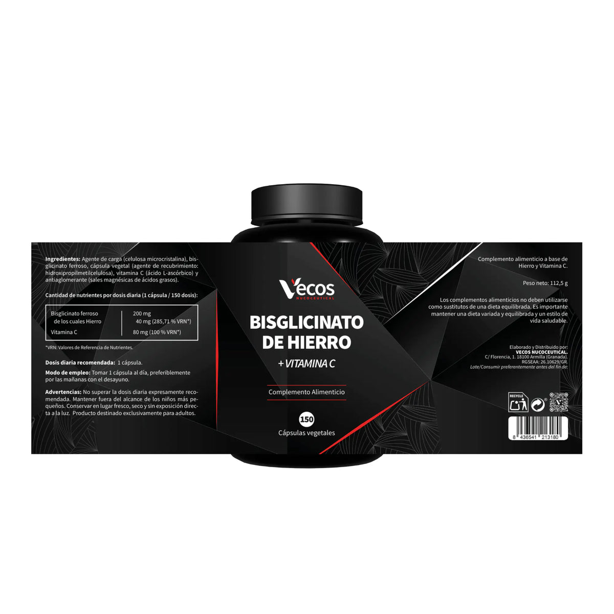Bisglicinato de Hierro + Vitamina C | 40 mg de Hierro (150 Cápsulas)