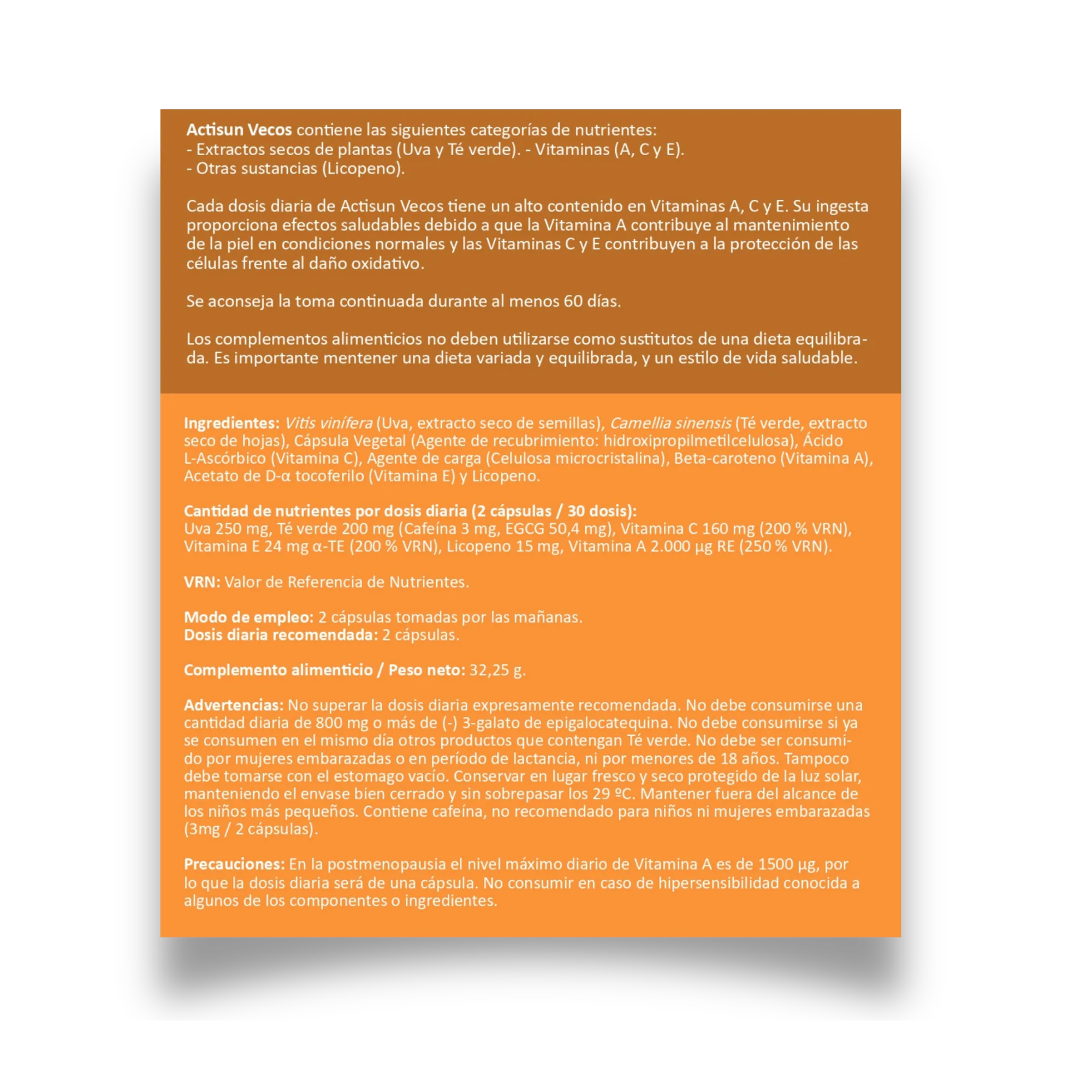 Etiqueta Actisun - complemento vitamínico para proteger la piel