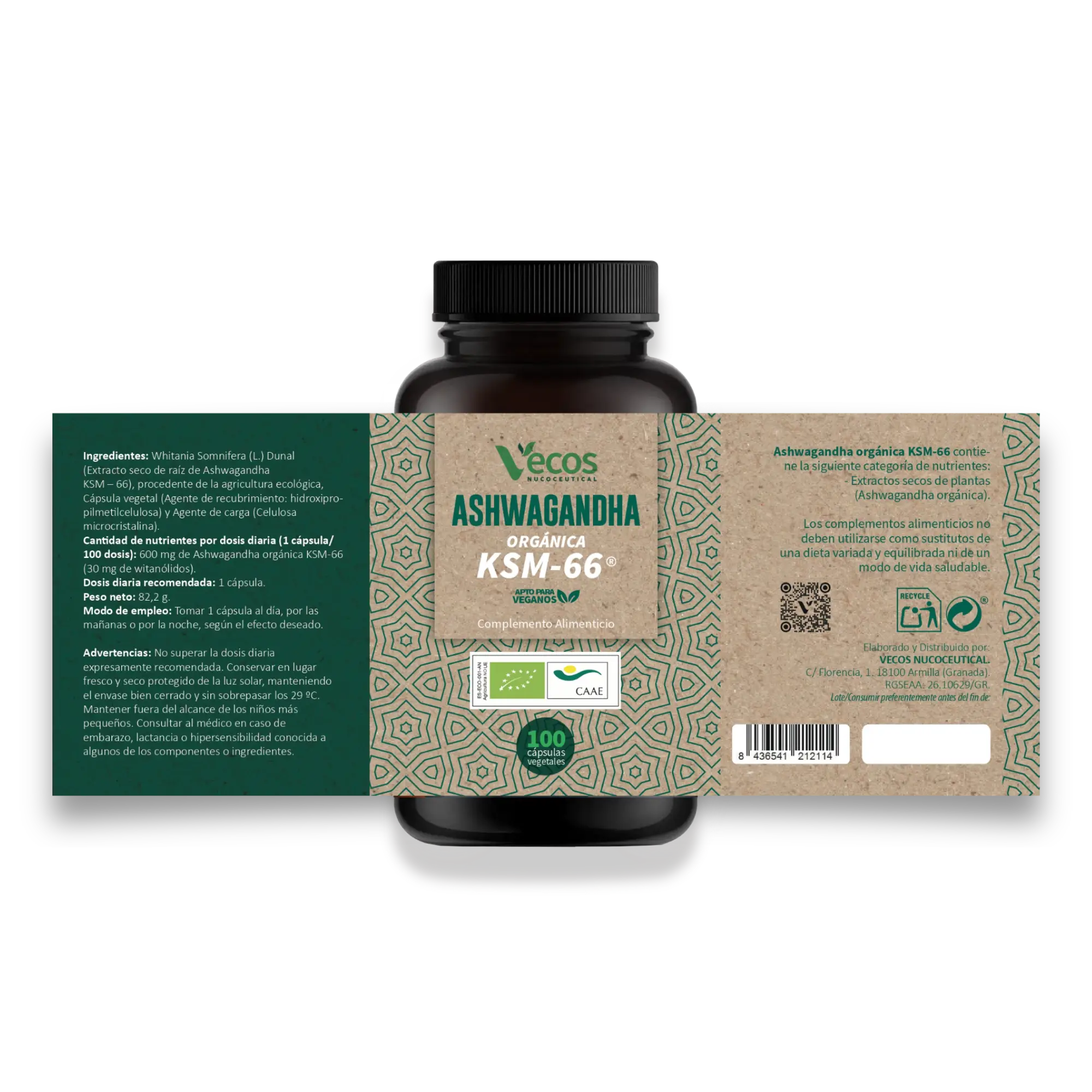 Etiqueta Ashwagandha Orgánica KSM-66 (100 cápsulas) - Complemento alimenticio adaptógeno natural para reducir estrés, mejorar sueño y energía