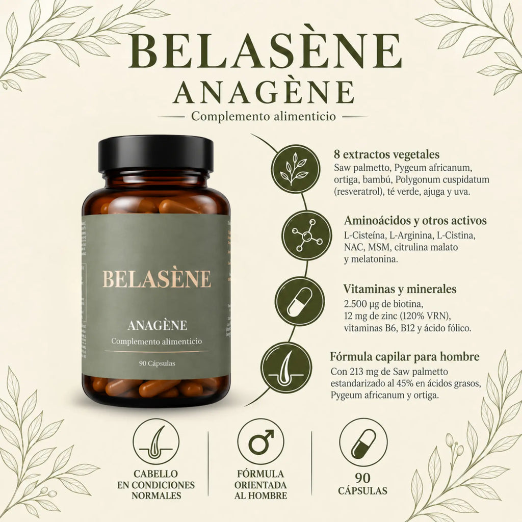 Anagène Belasène | Fórmula Capilar para Hombre con Biotina, Zinc y Saw Palmetto (90 cápsulas)