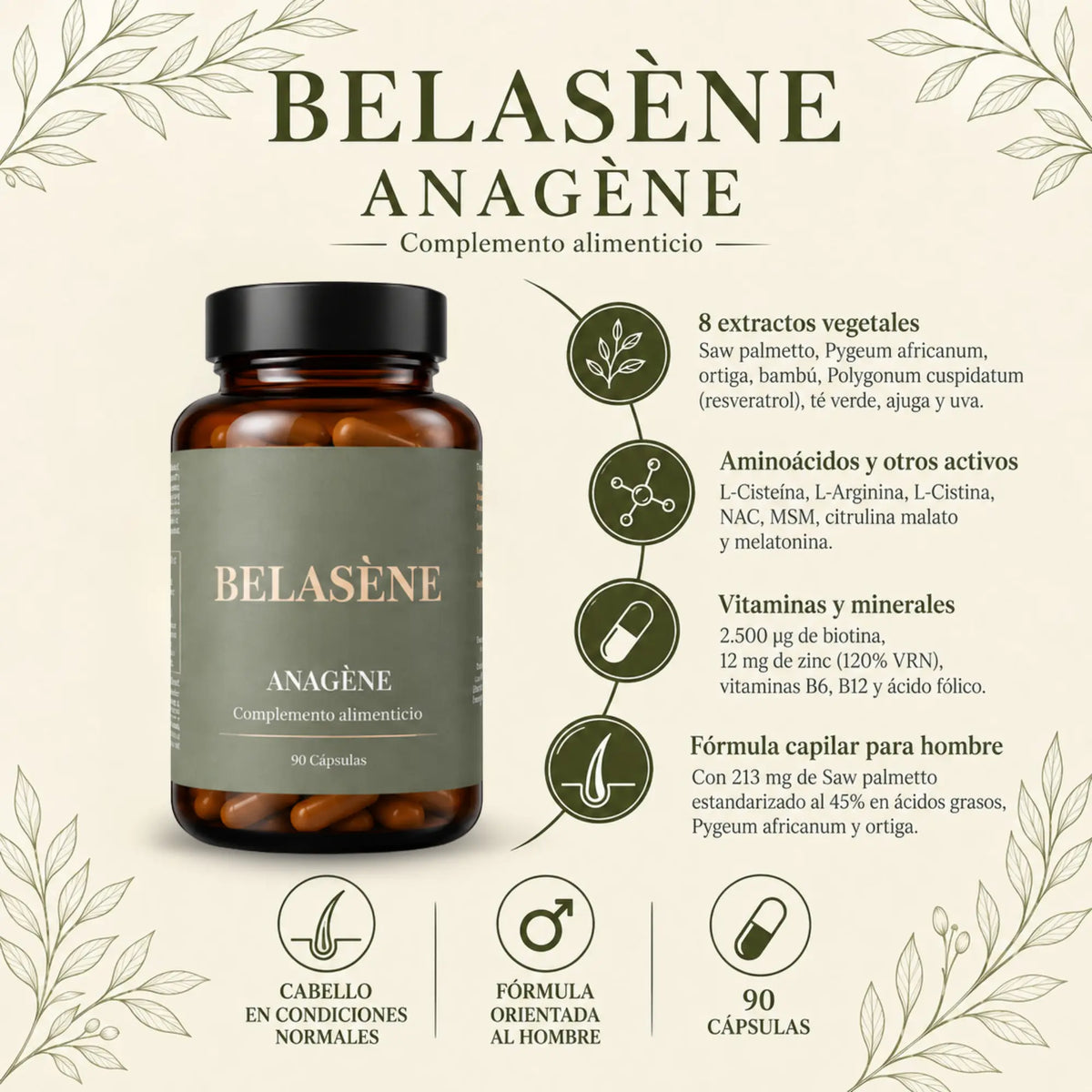 Anagène Belasène | Fórmula Capilar para Hombre con Biotina, Zinc y Saw Palmetto (90 cápsulas)