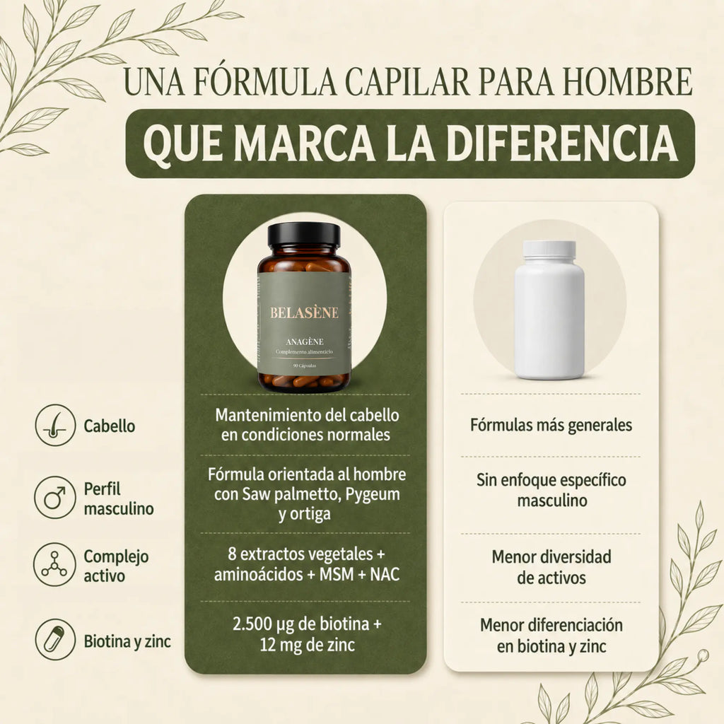 Anagène Belasène | Fórmula Capilar para Hombre con Biotina, Zinc y Saw Palmetto (90 cápsulas)