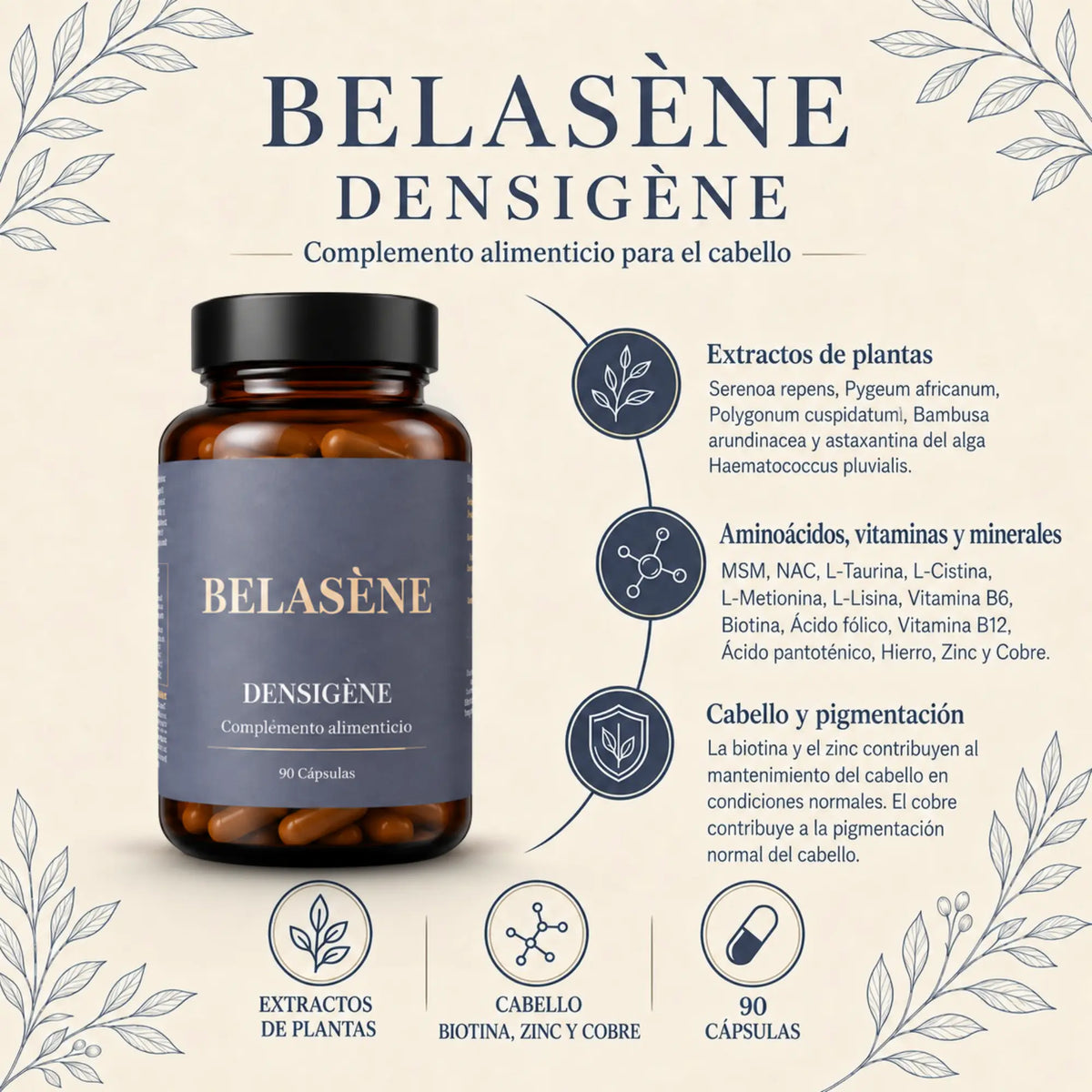 Densigène Belasène | Fórmula Capilar con Biotina, Zinc y Cobre (90 cápsulas)