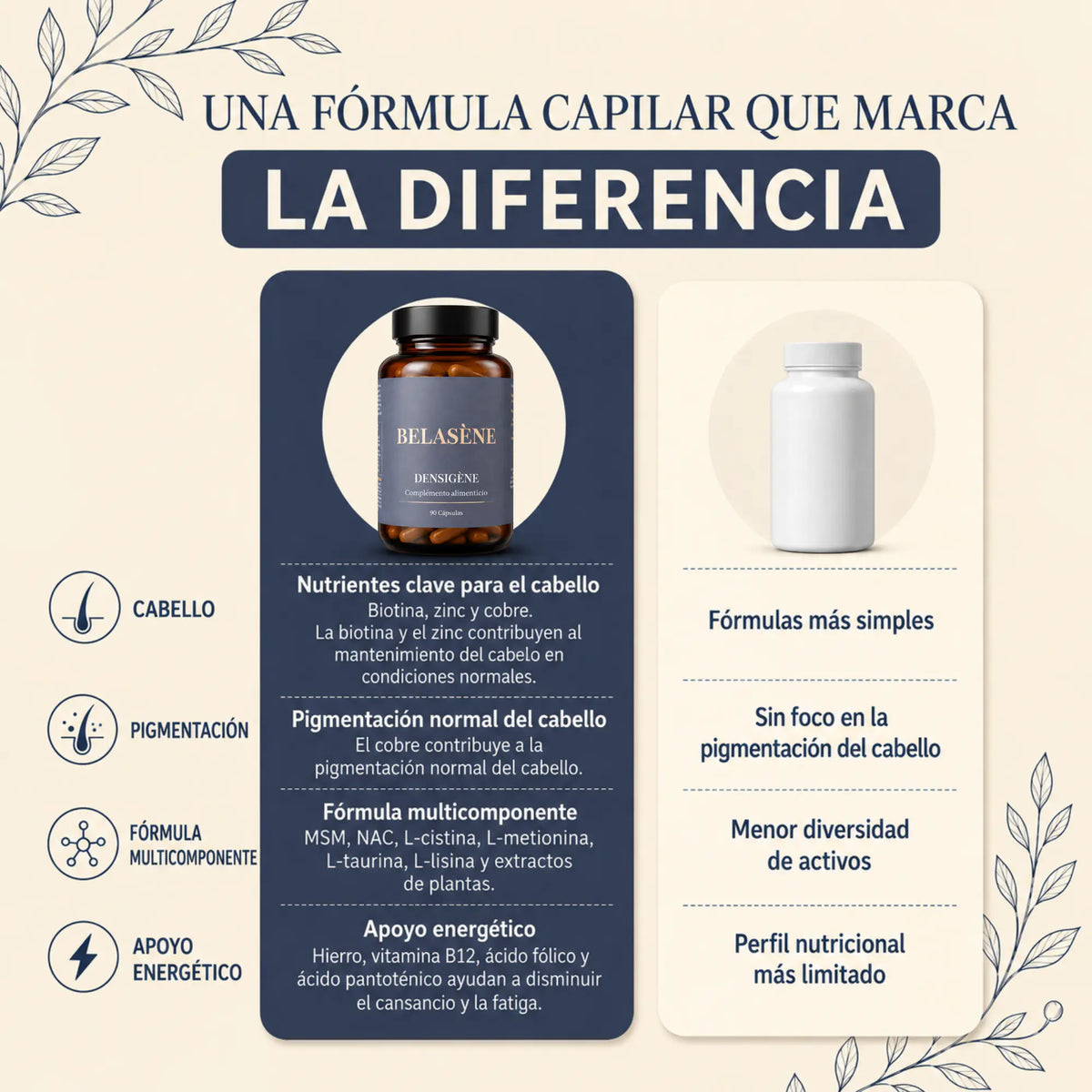 Densigène Belasène | Fórmula Capilar con Biotina, Zinc y Cobre (90 cápsulas)