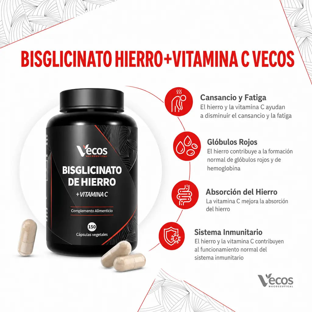 Bisglicinato de Hierro + Vitamina C | 40 mg de Hierro (150 Cápsulas)