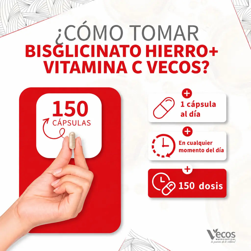 Bisglicinato de Hierro + Vitamina C | 40 mg de Hierro (150 Cápsulas)