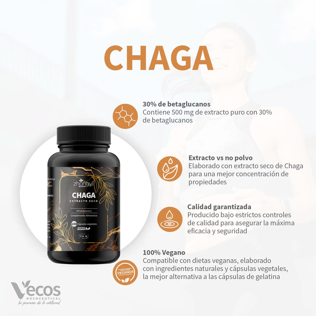 CHAGA ZHONGYI 100 Cápsulas es un complemento de hongo chaga, pensado para apoyo antioxidante y bienestar inmunitario general.