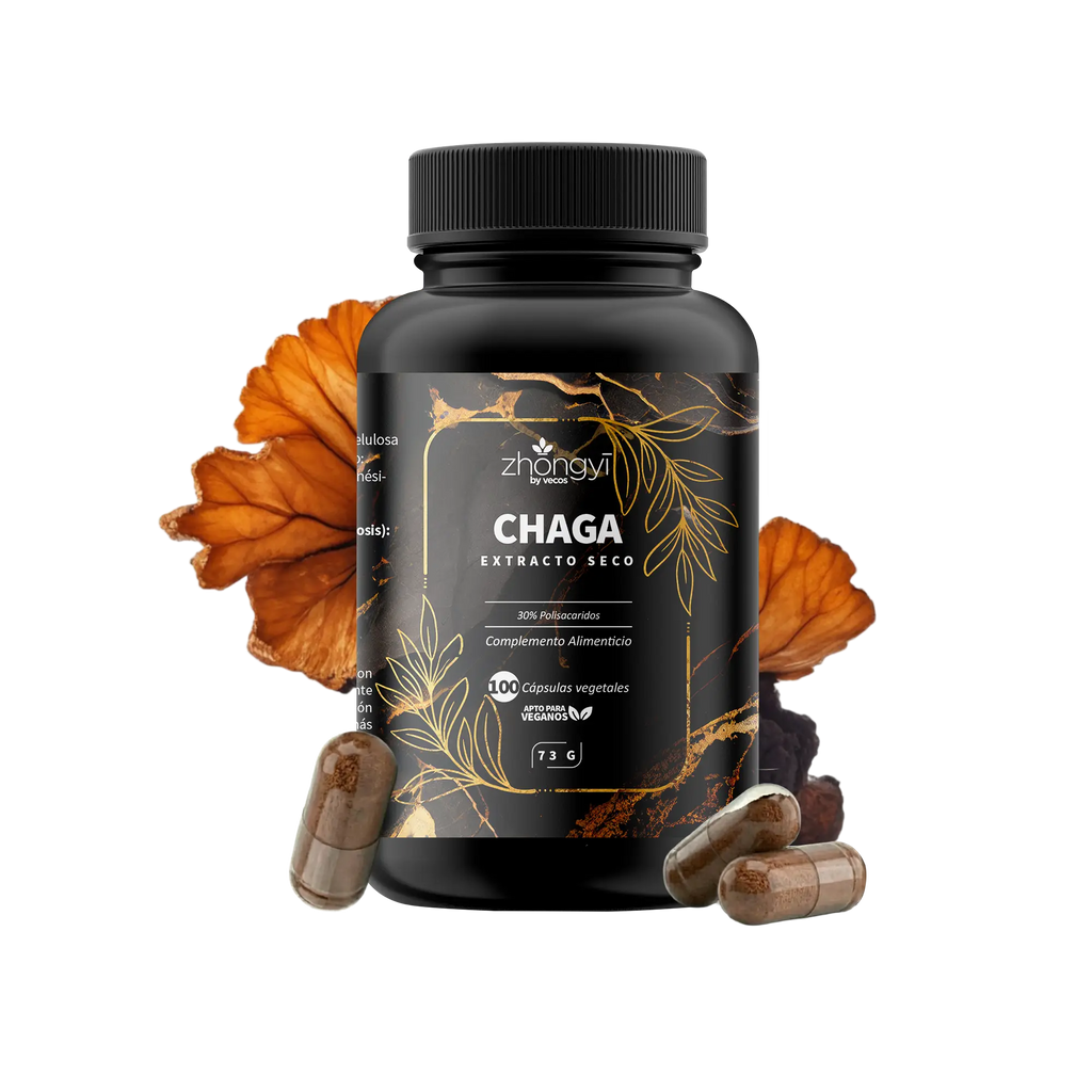 CHAGA ZHONGYI 100 Cápsulas es un complemento de hongo chaga, pensado para apoyo antioxidante y bienestar inmunitario general.