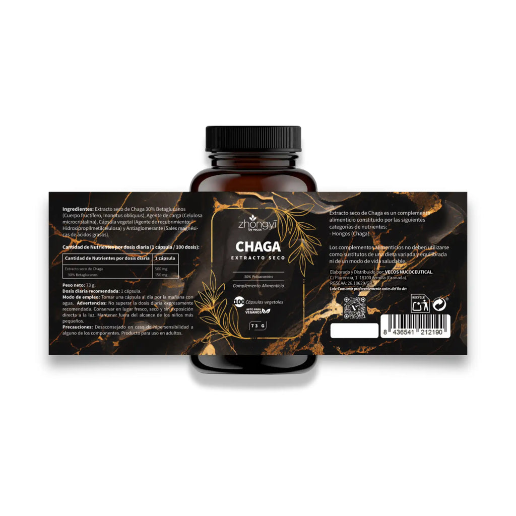 CHAGA ZHONGYI 100 Cápsulas es un complemento de hongo chaga, pensado para apoyo antioxidante y bienestar inmunitario general.