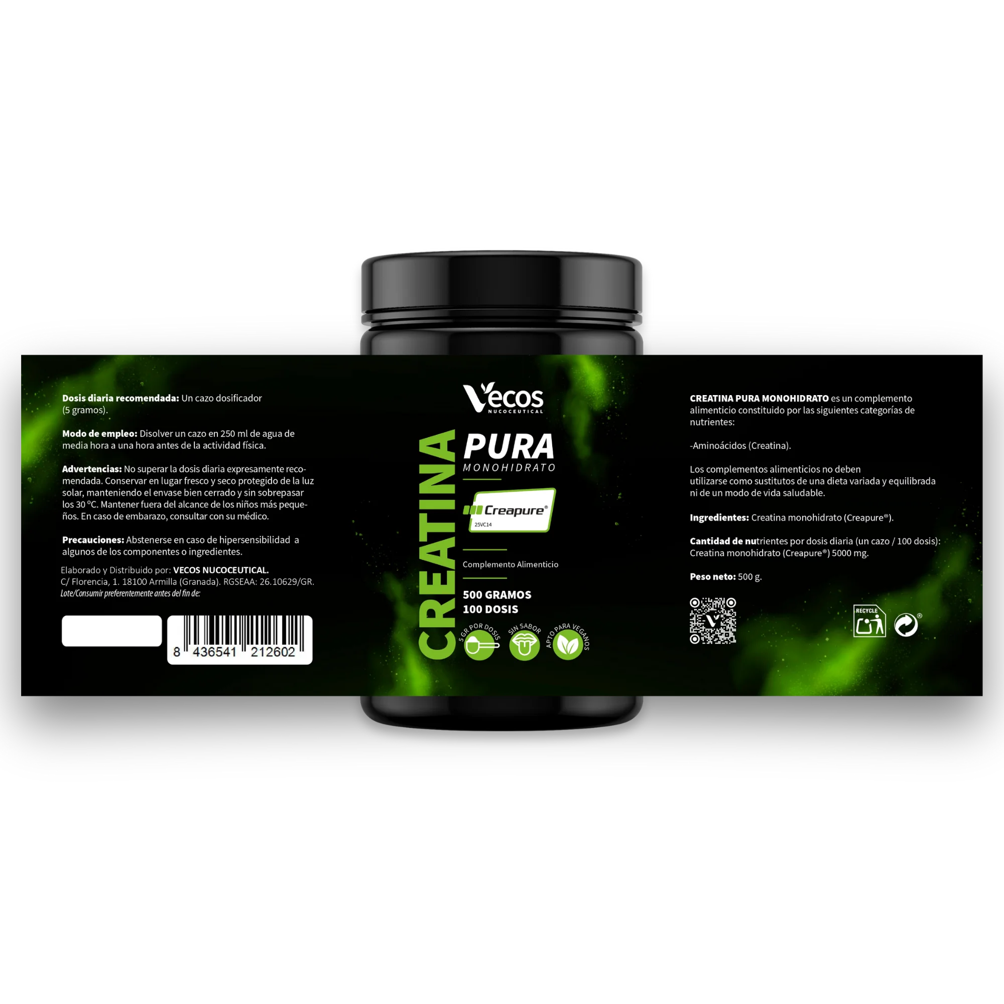 Etiqueta Creatina Creapure en polvo (500 g)