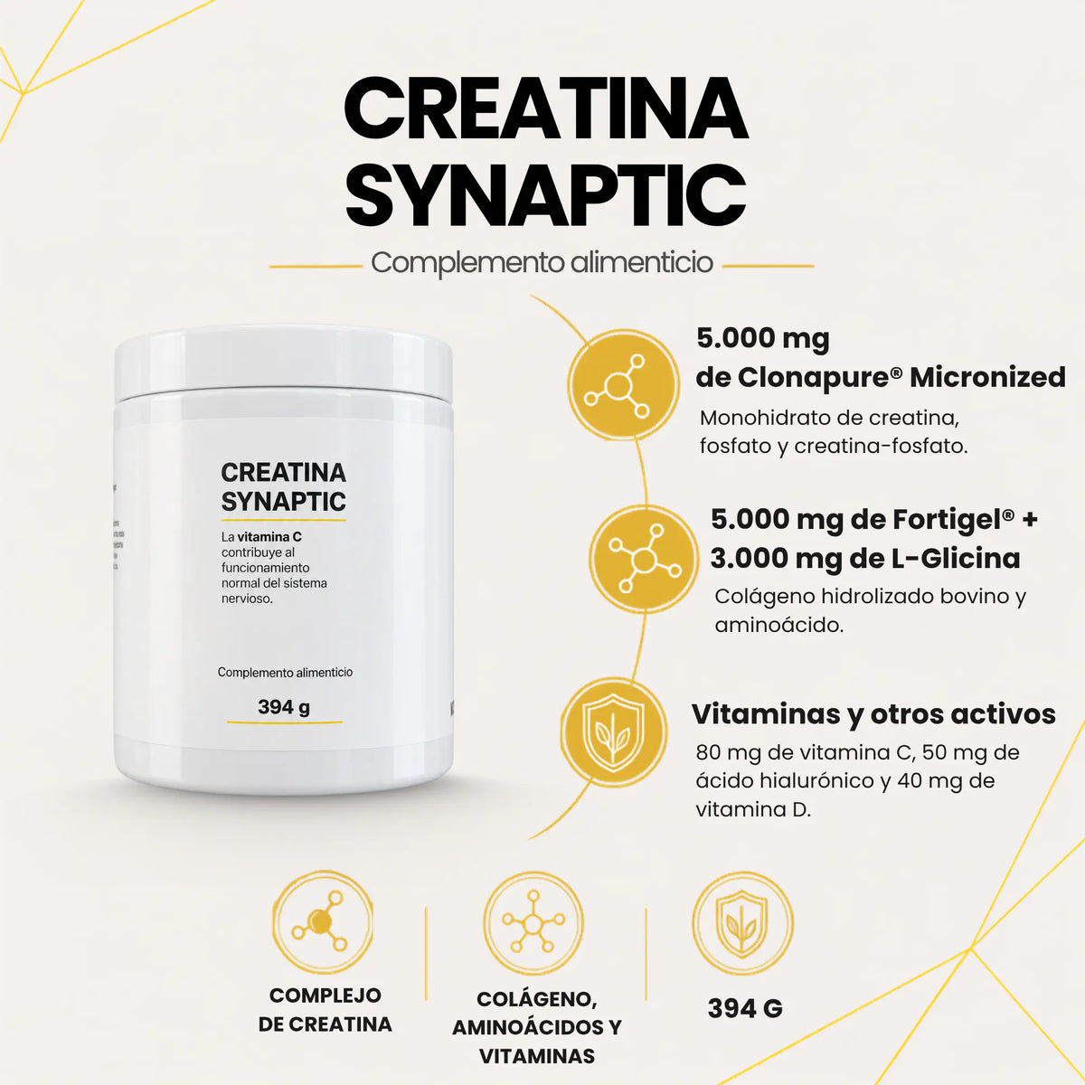Creatina Synaptic | Clonapure® + Fortigel® + Glicina (30 dosis)