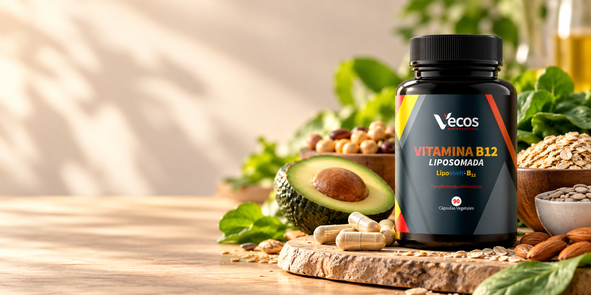 Vitamina B12 Liposomal VECOS con alimentos ricos en vitaminas del grupo B