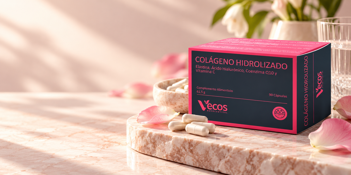 Colágeno con elastina y ácido hialurónico VECOS sobre mármol rosado con pétalos