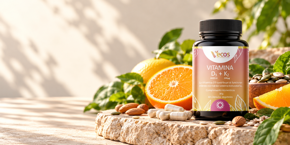 Vitamina D3 y K2 VECOS con cítricos y frutos secos sobre piedra natural