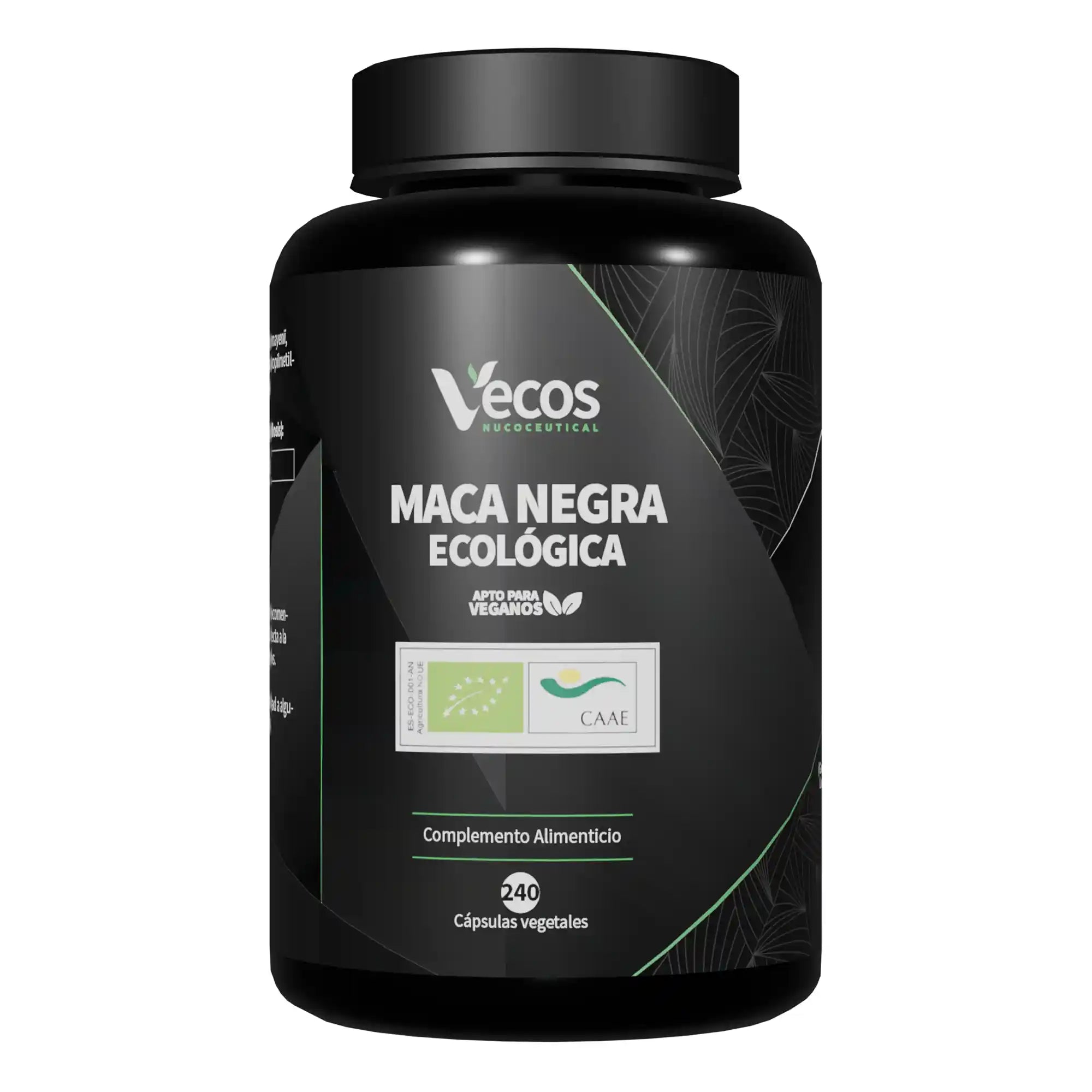 Maca Negra Ecológica de Vecos Nucoceutical es un complemento alimenticio elaborado a partir de raíz de maca negra ecológica (Lepidium meyenii), en un formato de cápsulas vegetales. Cada dosis diaria aporta maca negra en polvo ecológica, permitiendo incorporar este ingrediente de origen natural de forma práctica y cómoda en la rutina diaria, sin necesidad de preparar mezclas o bebidas.