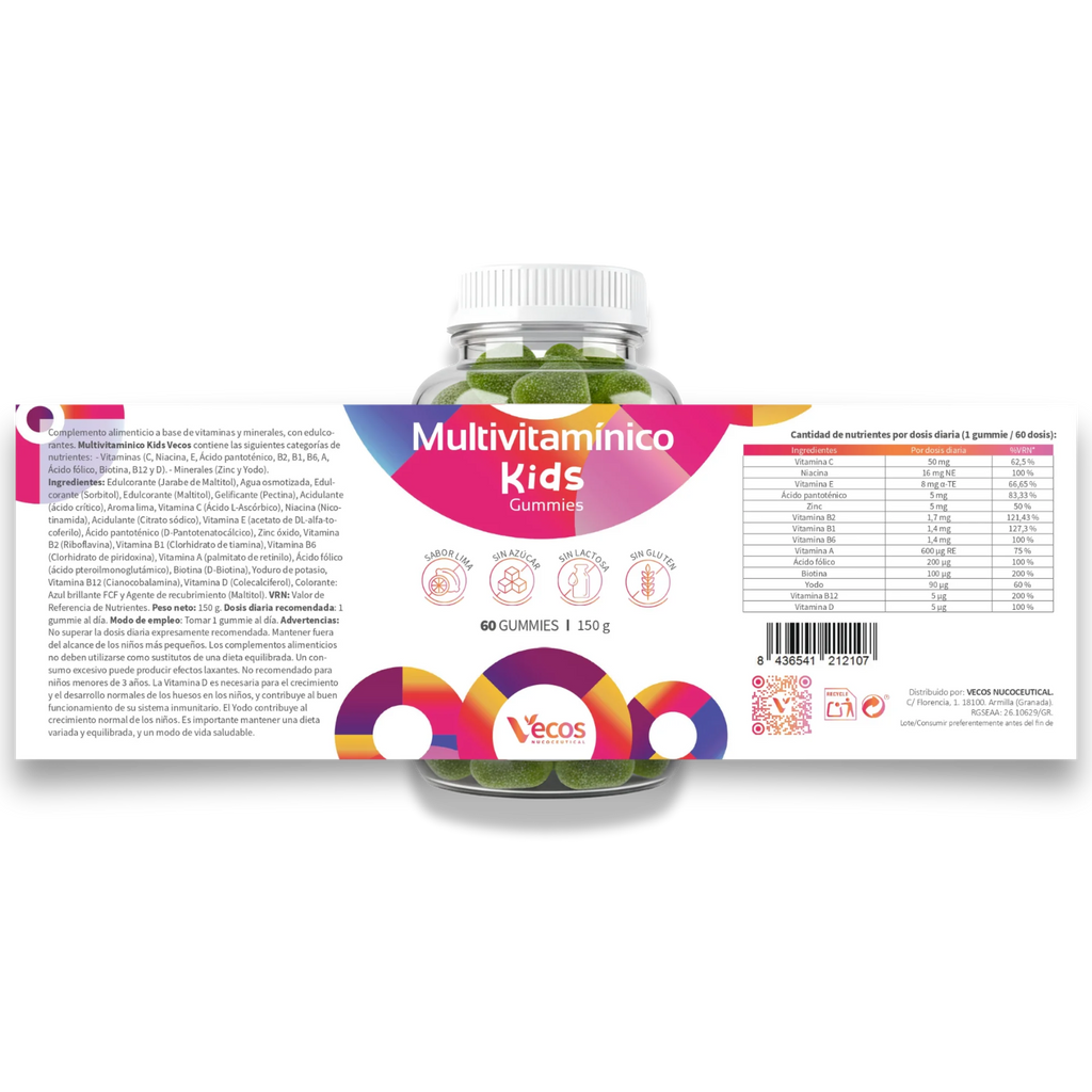 Etiqueta Multivitamínico Kids en formato gominola que combina vitaminas y minerales para niños