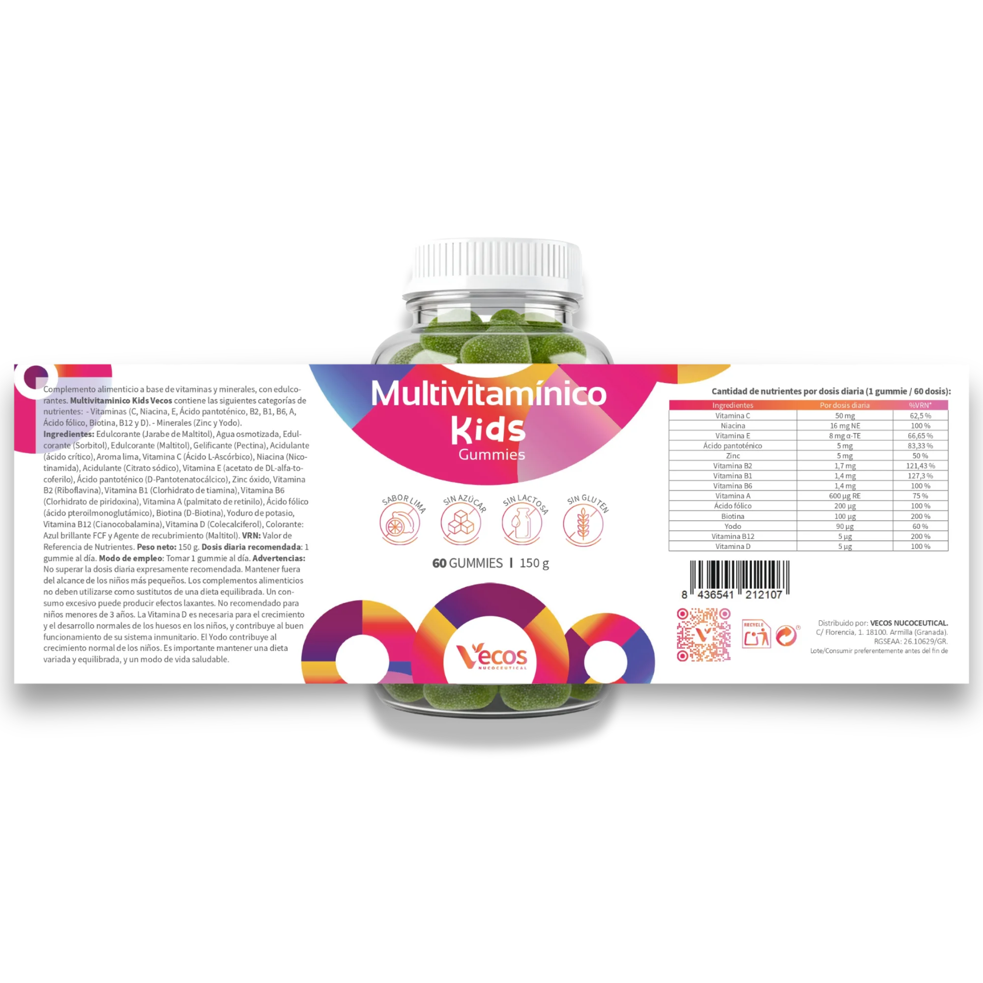 Etiqueta Multivitamínico Kids en formato gominola que combina vitaminas y minerales para niños