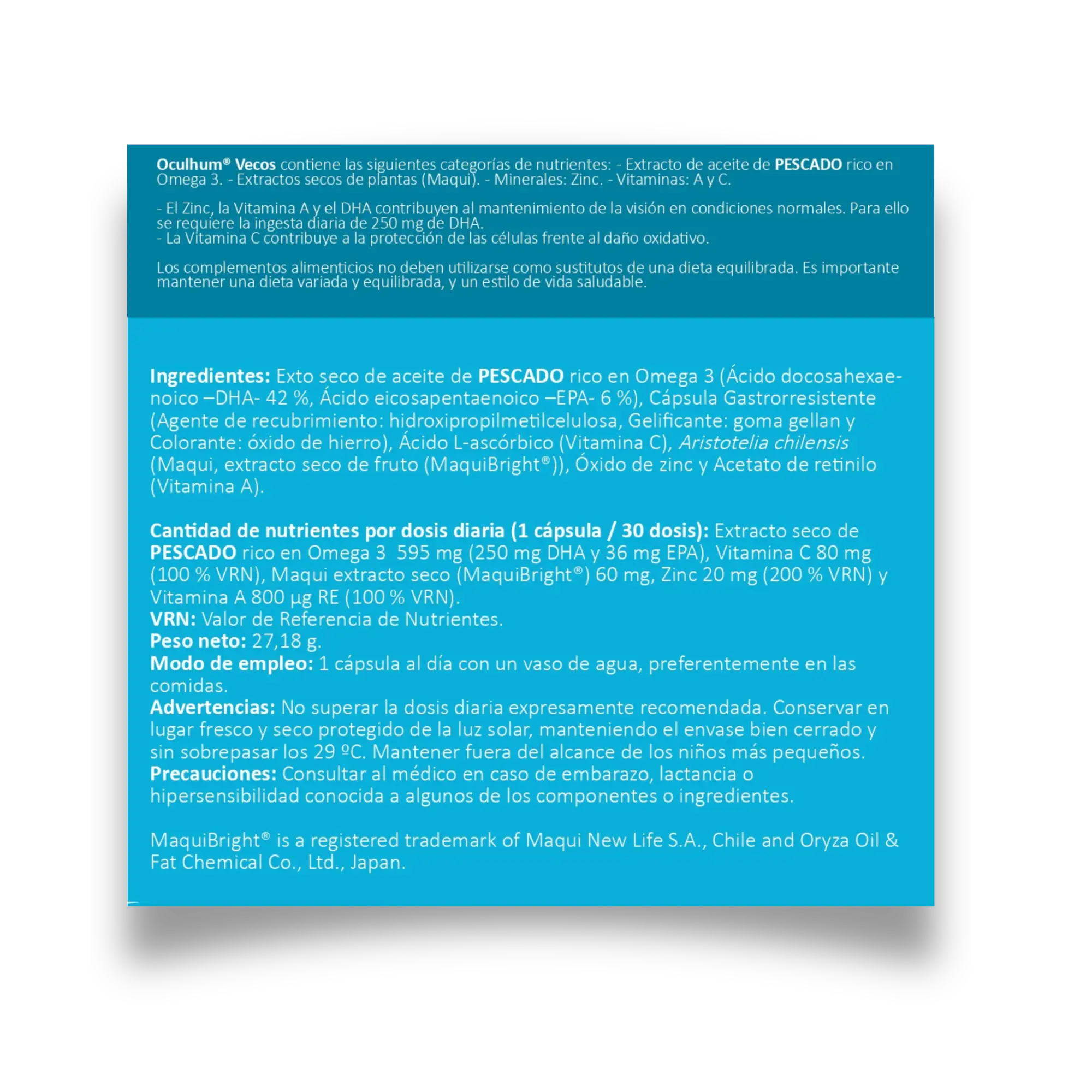 Etiqueta Oculhum (30 cápsulas) - Complemento alimenticio para combatir la sequedad ocular y mantenimiento de la visión
