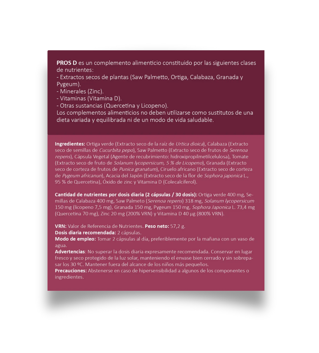 Etiqueta PROS D (60 cápsulas) - Complemento alimenticio para el cuidado de tu próstata y mantenimiento del flujo urinario