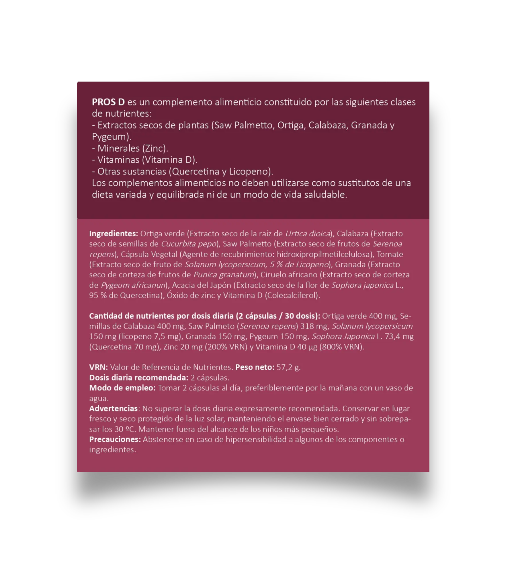 Etiqueta PROS D (60 cápsulas) - Complemento alimenticio para el cuidado de tu próstata y mantenimiento del flujo urinario