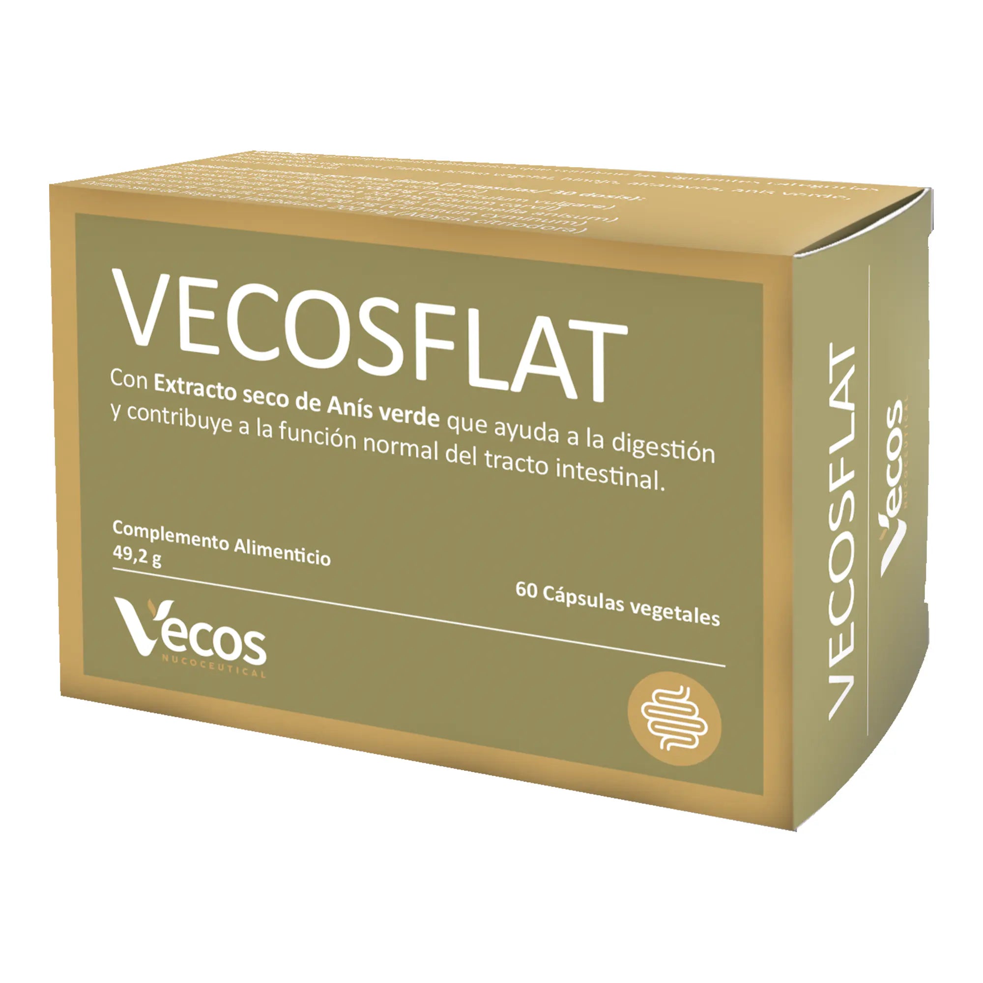 VECOSFLAT 60 Cápsulas es un complemento para gases, pensado para ayudar a reducir hinchazón y mejorar el confort digestivo.