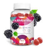 Bote Multivitamina Gummie con detalle de gummie y sabor mora