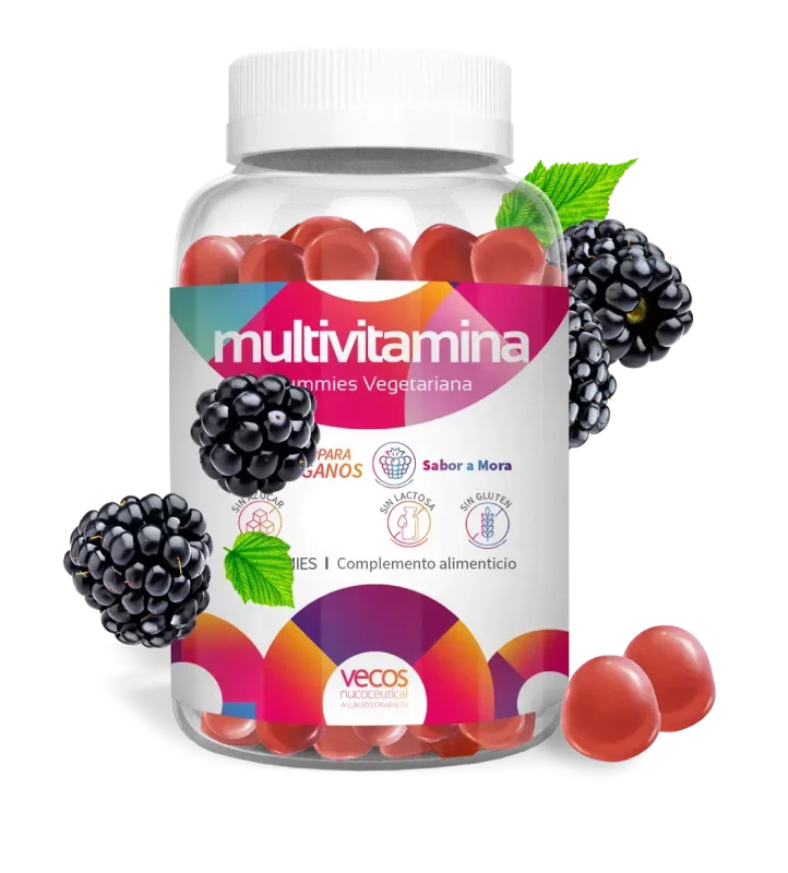 Bote Multivitamina Gummie con detalle de gummie y sabor mora