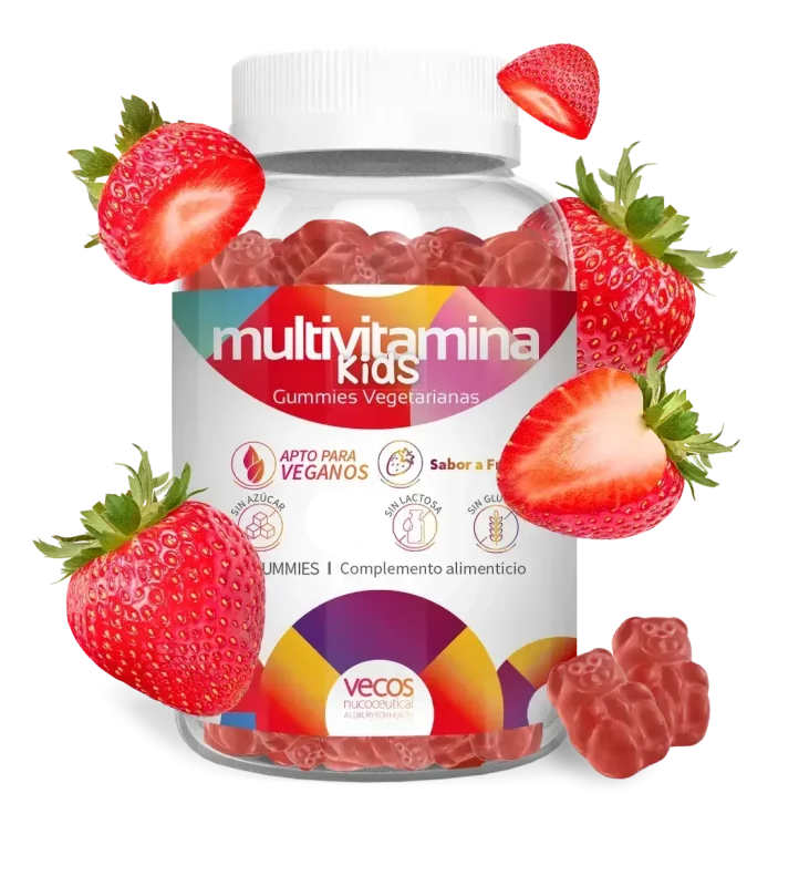 Bote Multivitamina kids gummie con detalle de gummie (osito) y sabor fresa