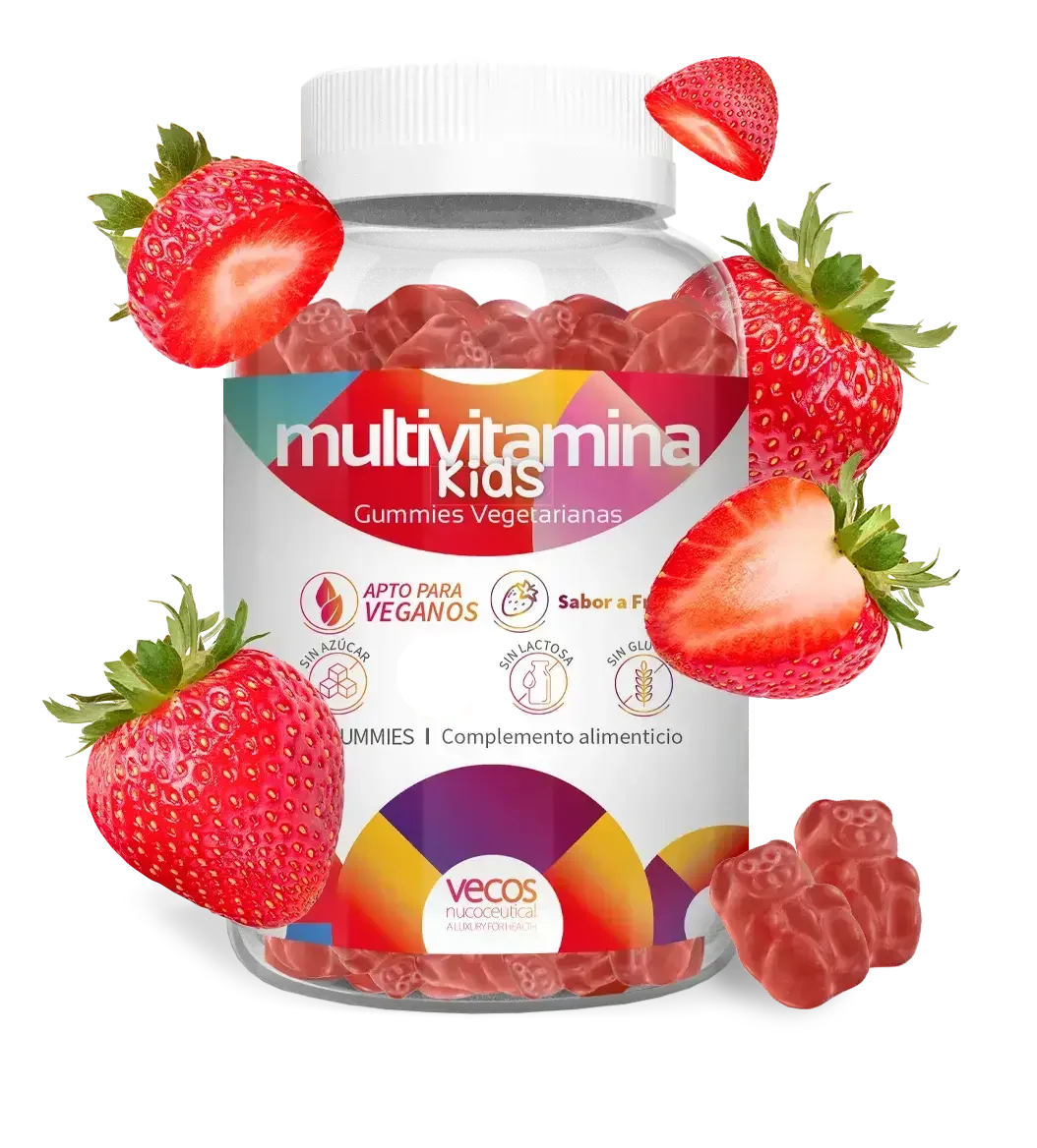 Bote Multivitamina kids gummie con detalle de gummie (osito) y sabor fresa