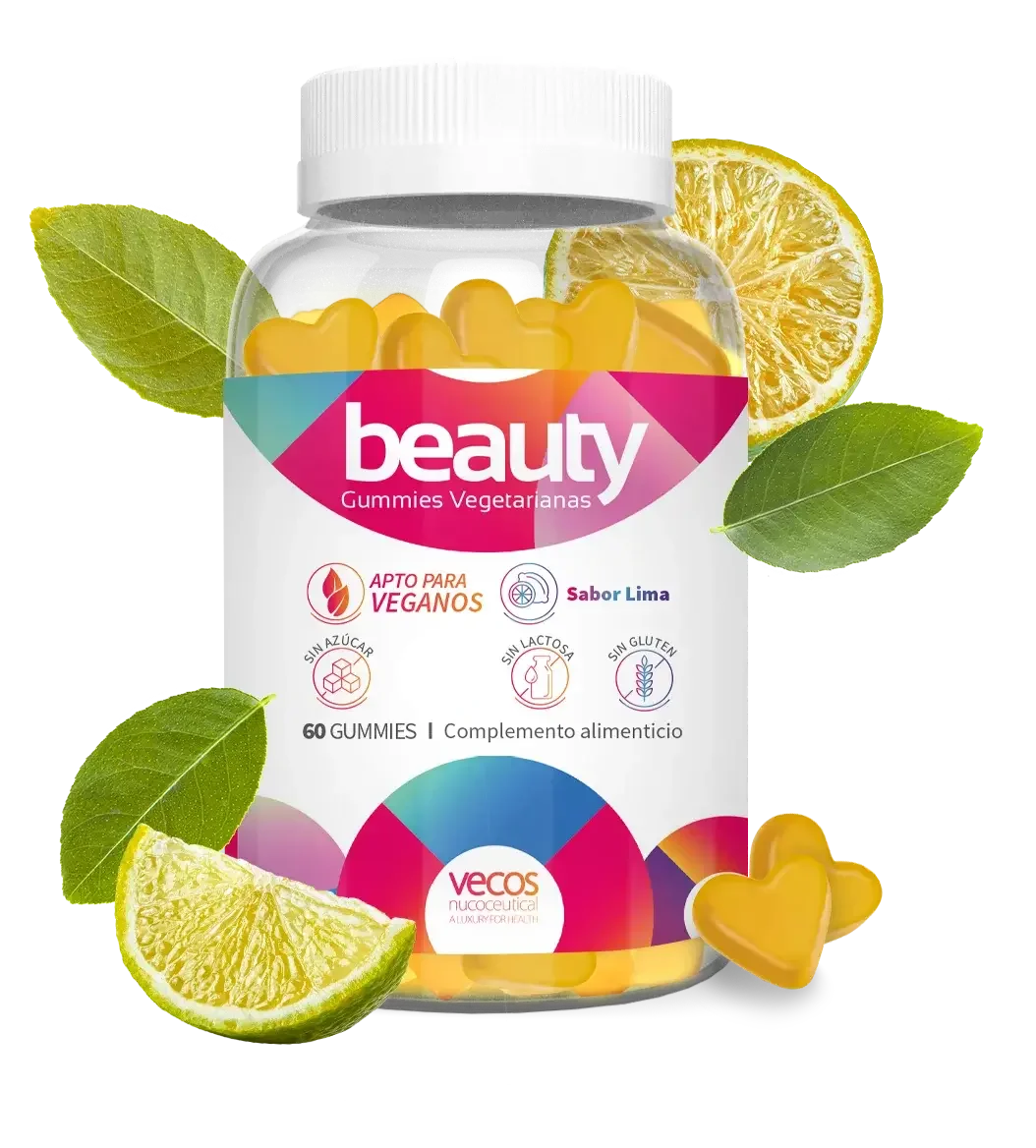 Beauty gummies. suplemento alimenticio para el cuidado de la piel, cabello y uñas con detalle de la gummie y sabor lima