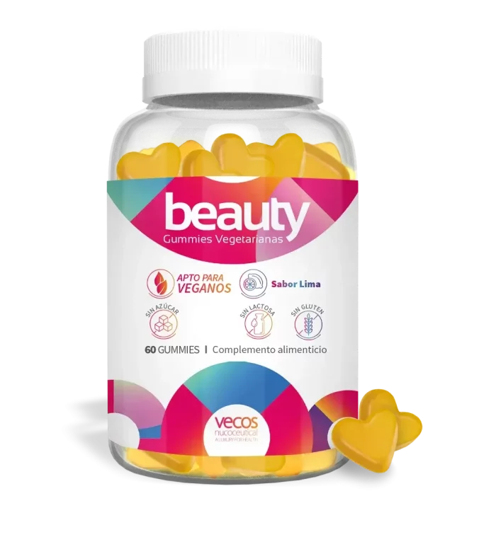 Beauty gummies. suplemento alimenticio para el cuidado de la piel, cabello y uñas con detalle de la gummie