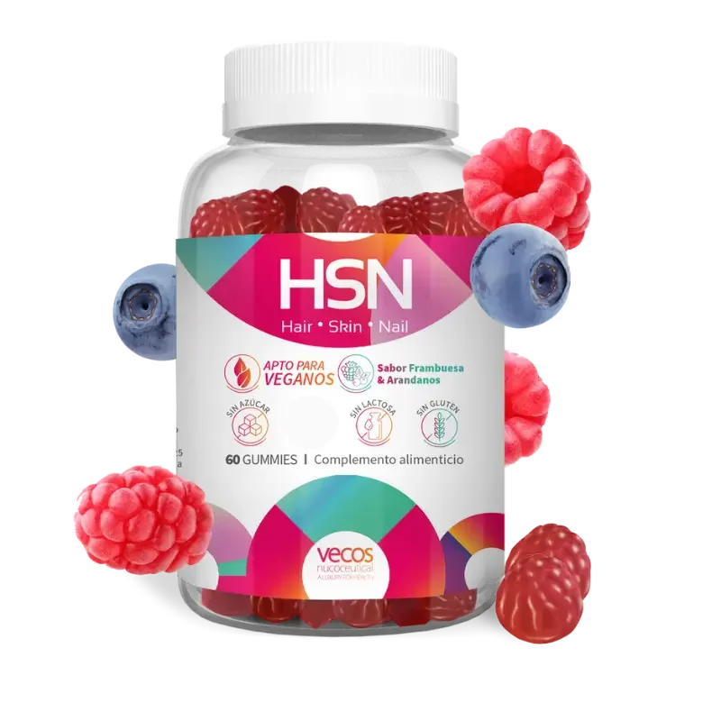 Gummies HSN de Vecos para pelo piel y uñas con detalle de gummies y frutas del sabor